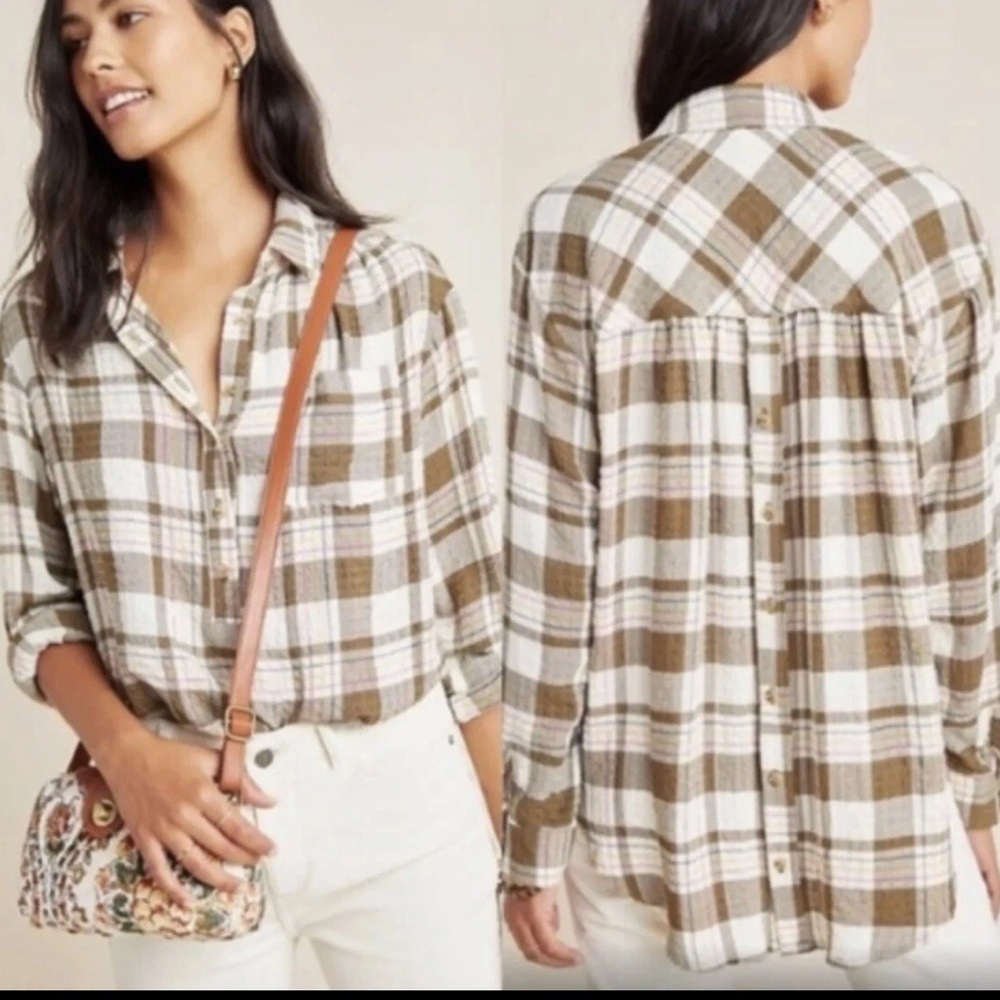 Anthropologie Brown and White Notched Collar Long Sleeve Shirt